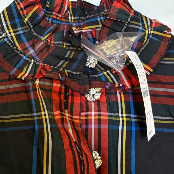 J.Crew Jeweled Button Popover Tunic Top Black Stewart Tartan Plaid Sz 0 $128 - Picture 7 of 9